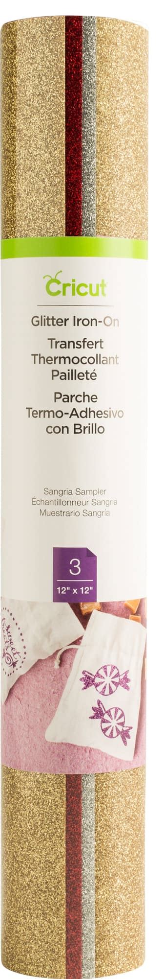 Cricut Glitter Iron On Sampler Sangria 12X12(3); 3 sheets 12" x 12" (30.5 cm x 30.5 cm) in Gold, Silver, Red; Easily adheres to most materials to reveal a gorgeous glittery mesh effect; Outlasts 50+ washes!*; Cuts beautifully and weeds easily